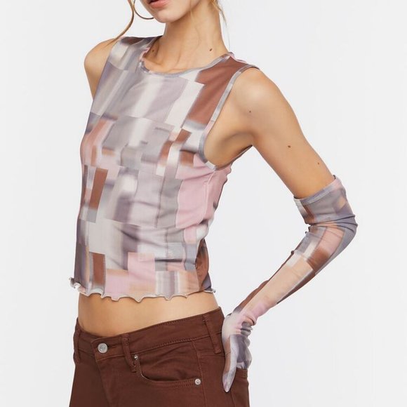💥3/$15💥 NWT Forever 21 Womens Abstract Mesh Crop Top & Gloves Set - Size Small - Picture 12 of 13